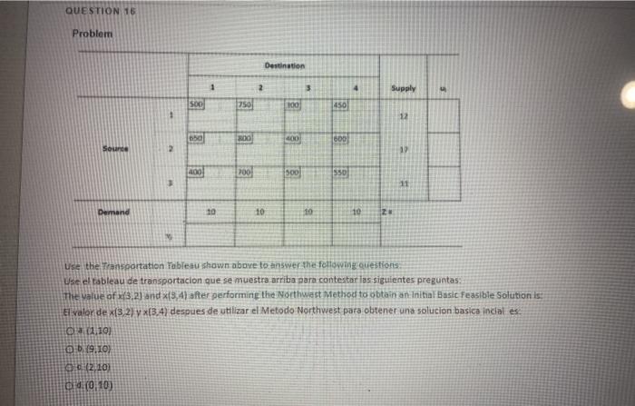 QUESTION 16 Problemi Destination 2 3 4 Supply SOD