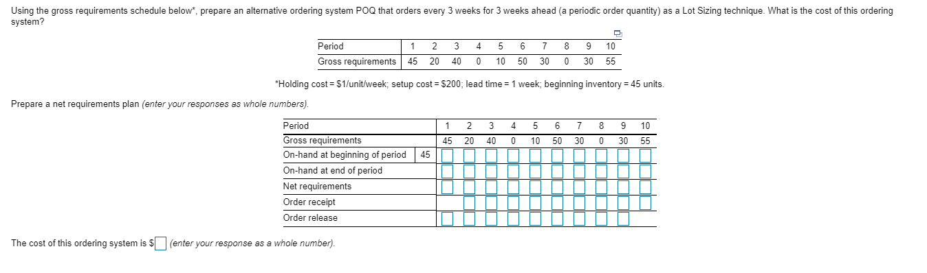Using the gross requirements schedule below*,