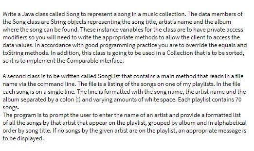 Write a Java class called Song to represent a