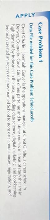 Case Problem 1 Data File needed for this Case