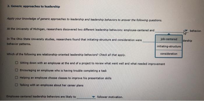 2. Generic approaches to leadership Apply your