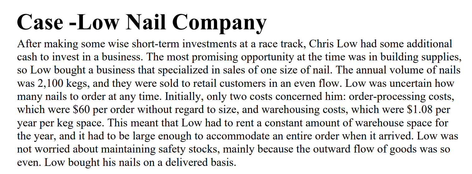 Questions 1. Using the EOQ methods outlined in