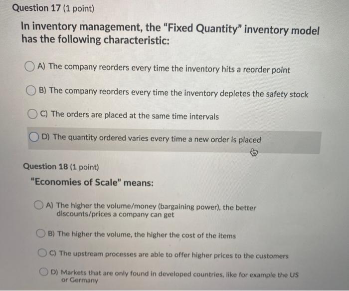 Question 17 (1 point) In inventory management,