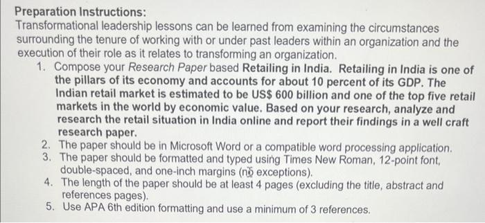 Preparation Instructions: Transformational