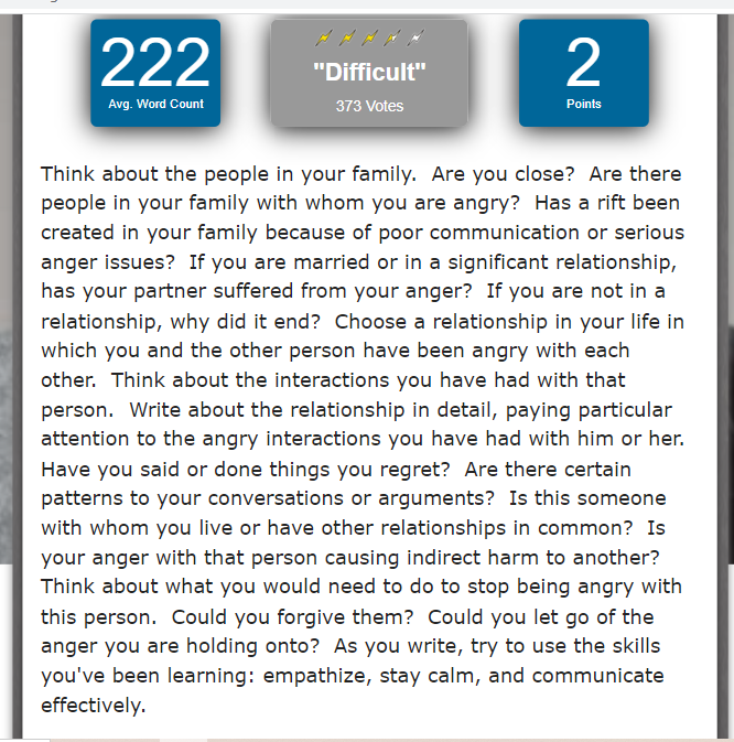 222 "Difficult" 373 Votes 2 Avg. Word Count