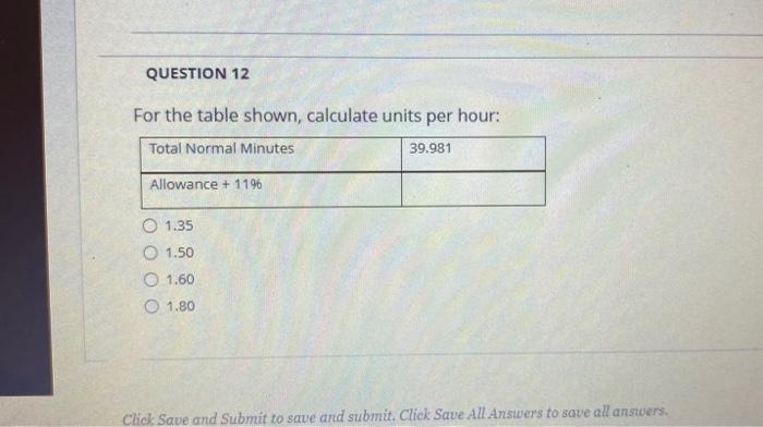 For the table shown, calculate units per hour:
