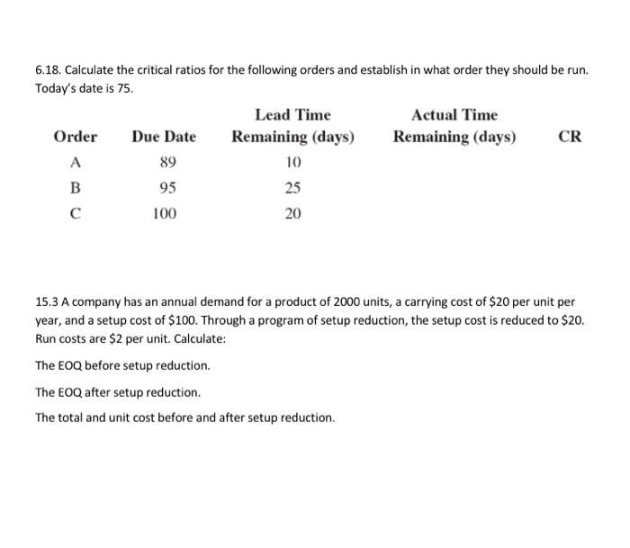 . 6.18. Calculate the critical ratios for the