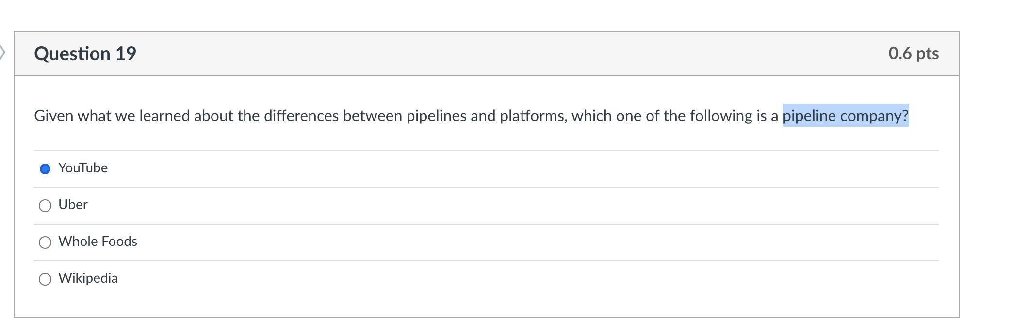 Question 19 0.6 pts Given what we learned about