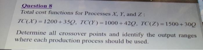 Question 8 Total cost functions for Processes X,