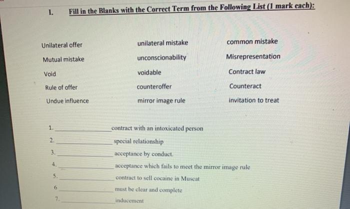 1. Fill in the Blanks with the Correct Term from