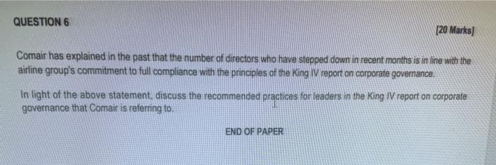 QUESTION 6 [20 Marks] Comair has explained in the