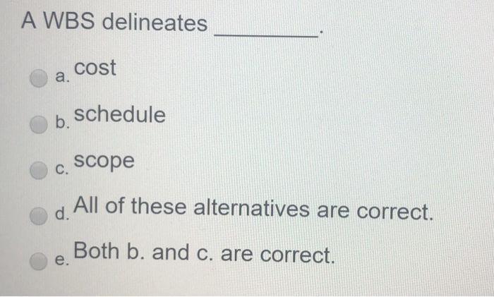 A WBS delineates a. Cost h schedule c. scope d
