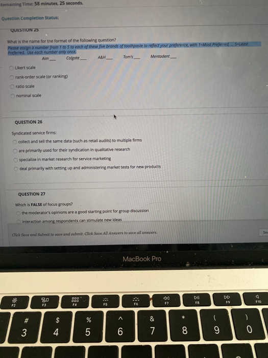 Remaining Time: 58 minutes, 25 seconds. Question