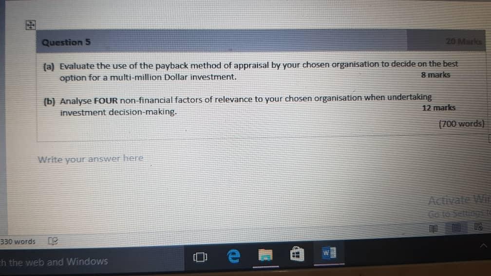 Question 5 (a) Evaluate the use of the payback