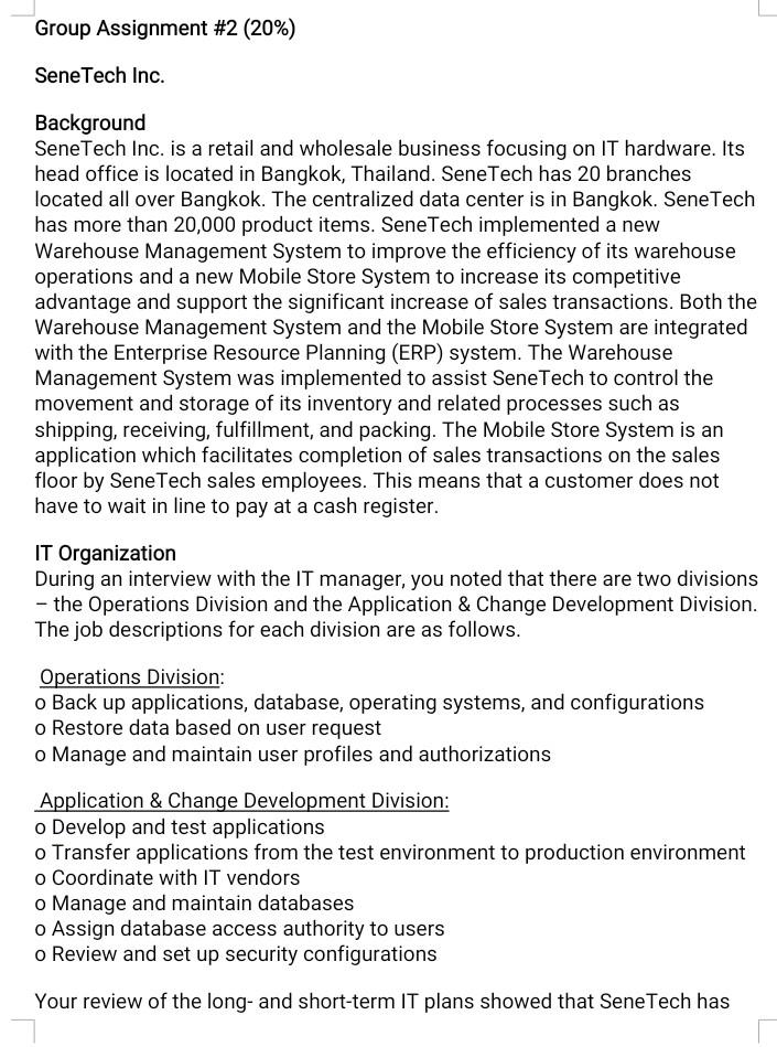 Group Assignment #2 (20%) SeneTech Inc.