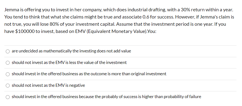 Jemma is offering you to invest in her company,