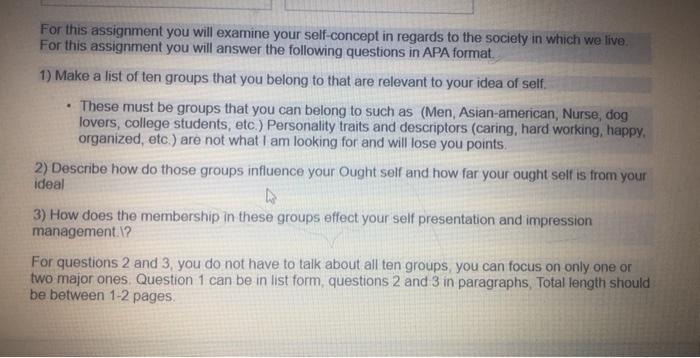 For this assignment you will examine your