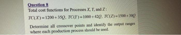 Question 8 Total cost functions for Processes X,