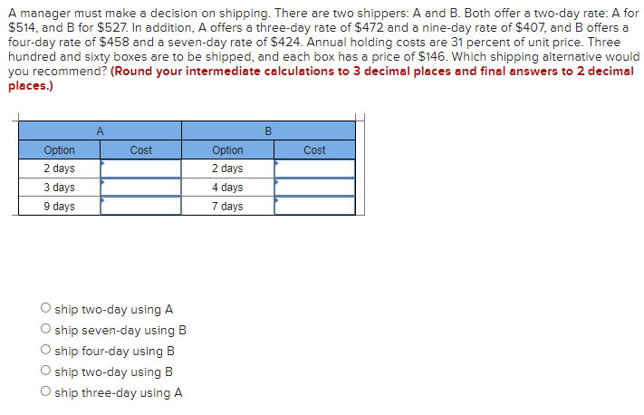A manager must make a decision on shipping. There