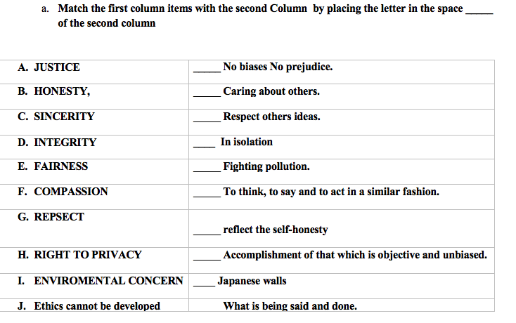 a. Match the first column items with the second