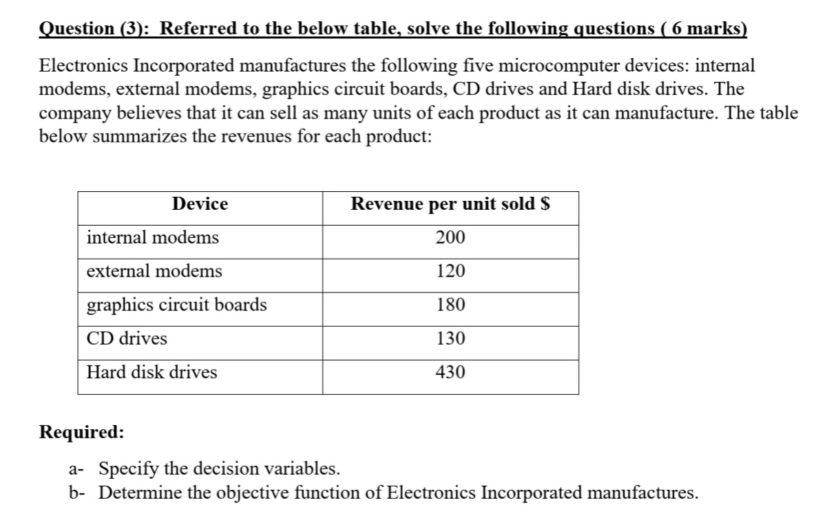 Question (3): Referred to the below table, solve