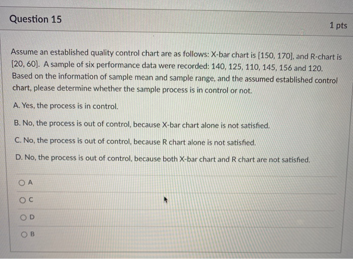Question 15 1 pts Assume an established quality
