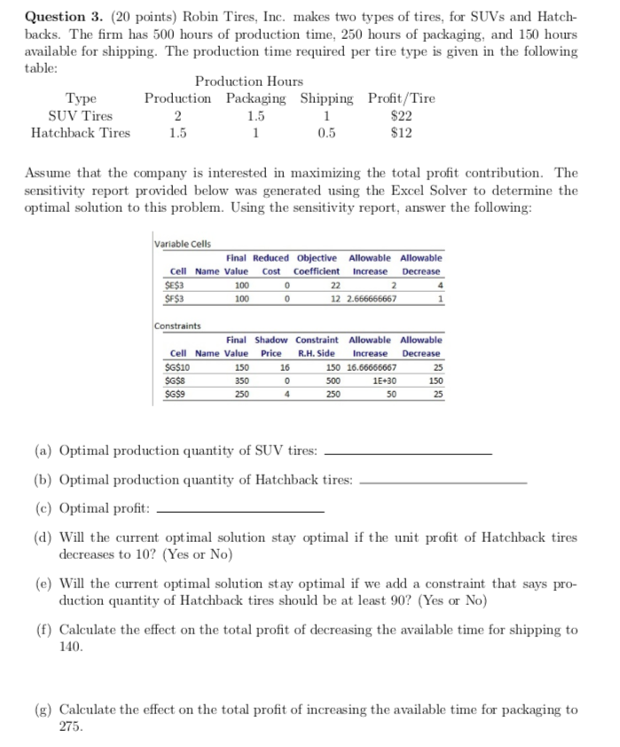 Question 3. (20 points) Robin Tires, Inc. makes