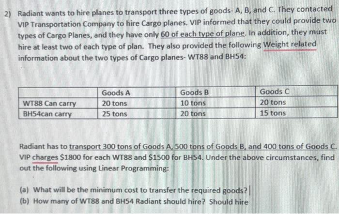 2) Radiant wants to hire planes to transport