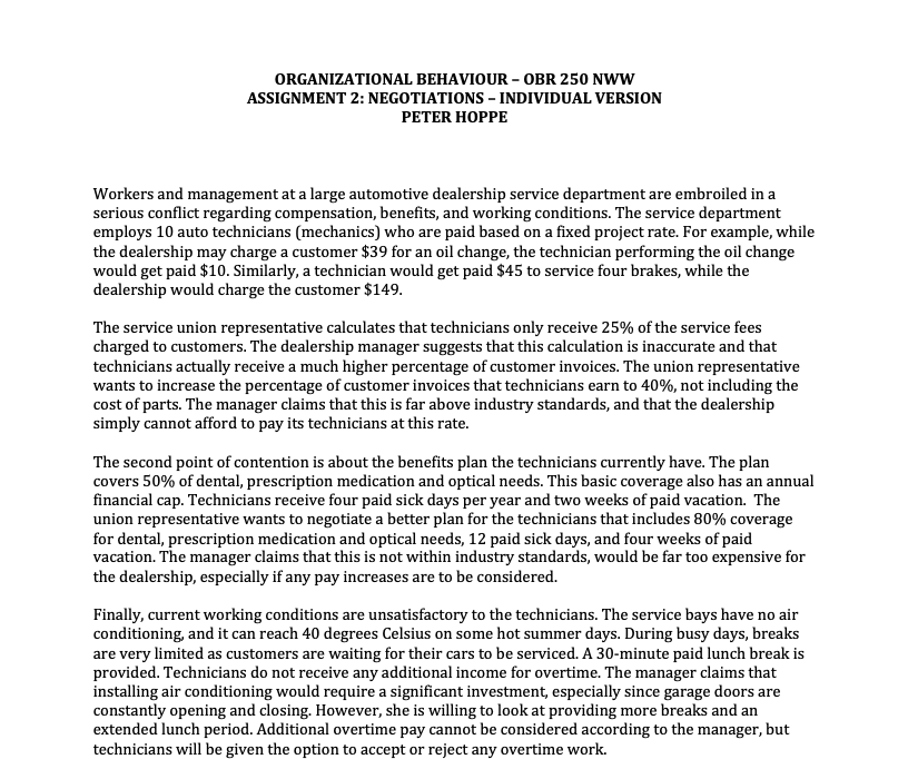 ORGANIZATIONAL BEHAVIOUR - OBR 250 NWW ASSIGNMENT