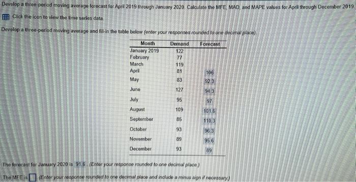 i need the MFE, MAD, MAPE Develop a three-period