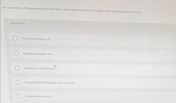 For an activity in a CPM analysis the early