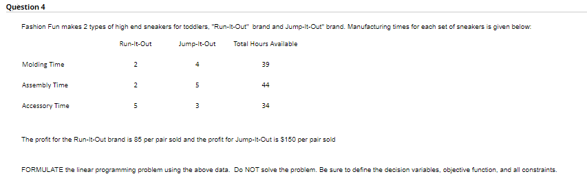 Question 4 Fashion Fun makes 2 types of high end