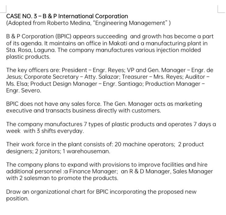 CASE NO. 3-B \& P International Corporation