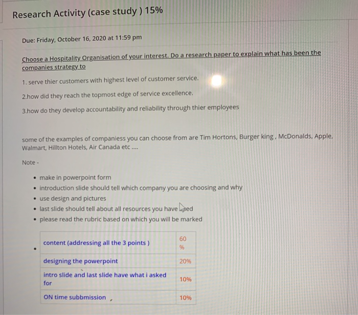 Research Activity (case study ) 15% Due: Friday,