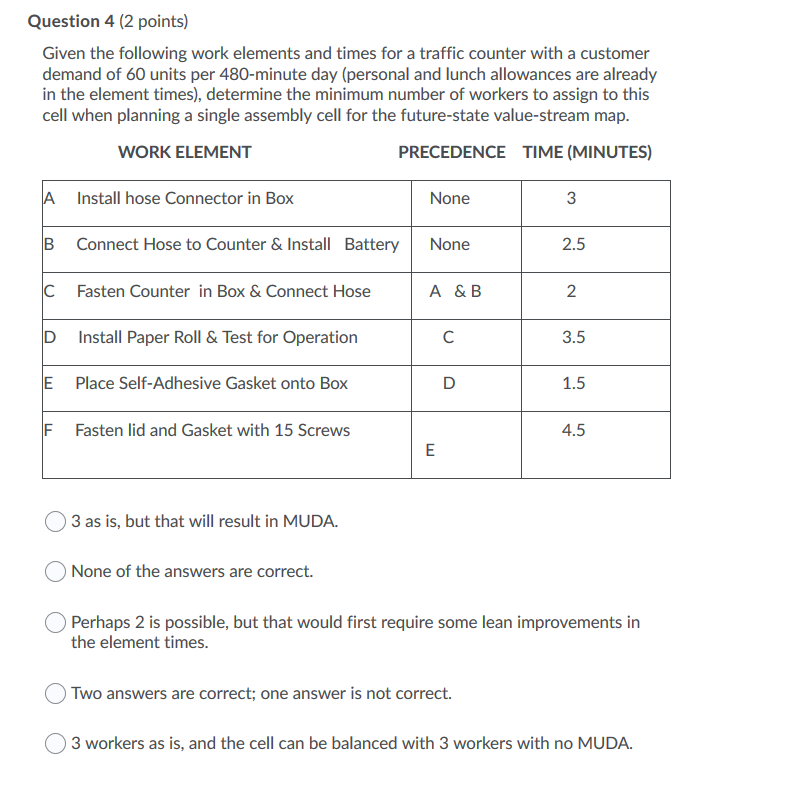 Question 4 (2 points) Given the following work