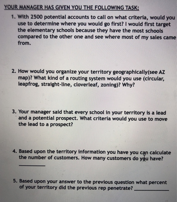 1. You are a new field sales representative for