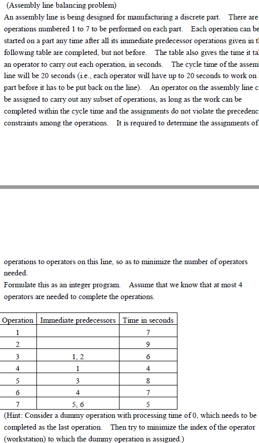 (Assembly line balancing problem) An assembly