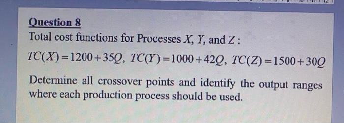 Question 8 Total cost functions for Processes X,