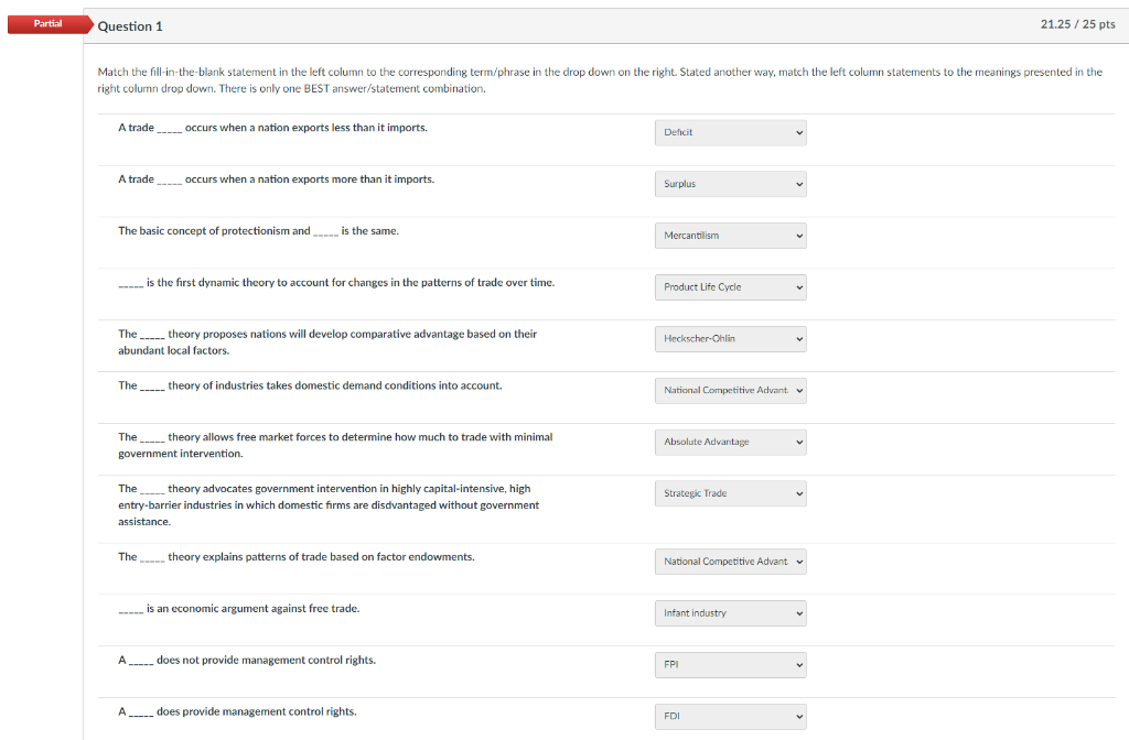 Partial Question 1 21.25 / 25 pts Match the