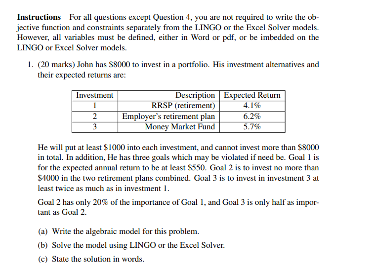 Instructions For all questions except Question 4,