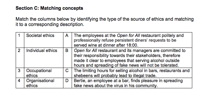 Section C: Matching concepts Match the columns