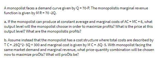 A monopolist faces a demand curve given by Q =