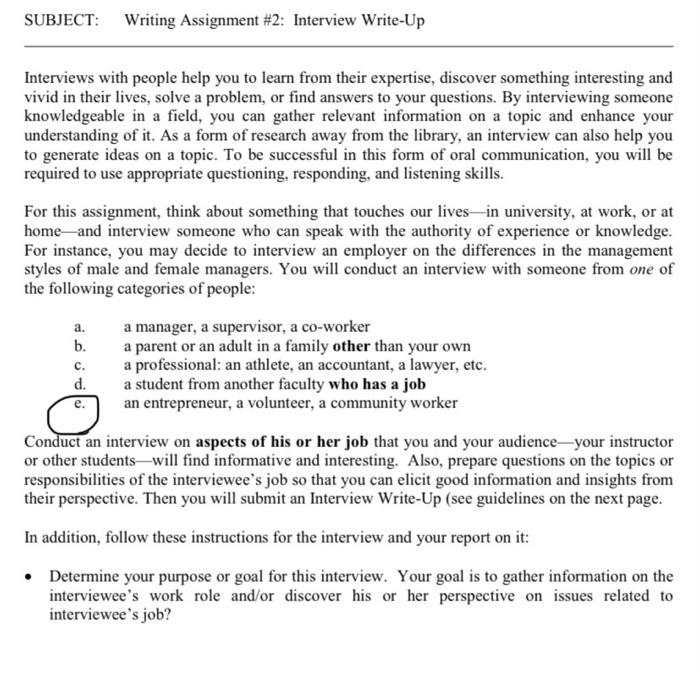 interview write up SUBJECT: Writing Assignment