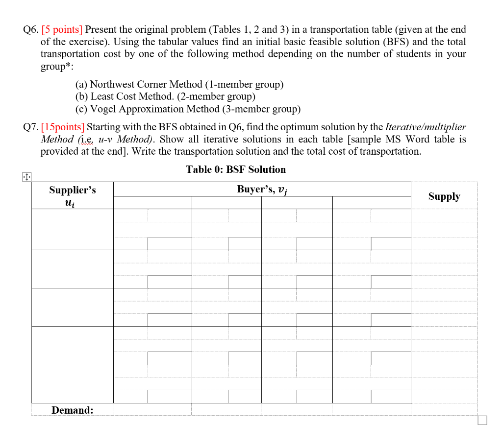 Please use Northwest Corner Method for Q6. The