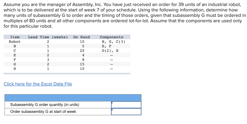 Item Robot B E F Lead Time (weeks) 2 1 1 2 3 2 1
