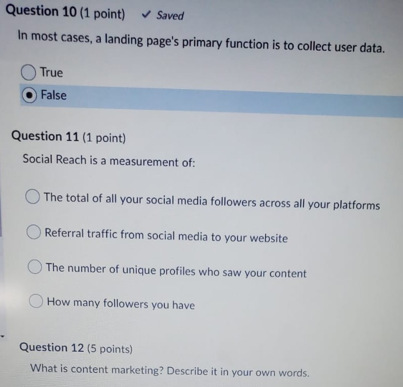 Question 10 (1 point) Saved In most cases, a