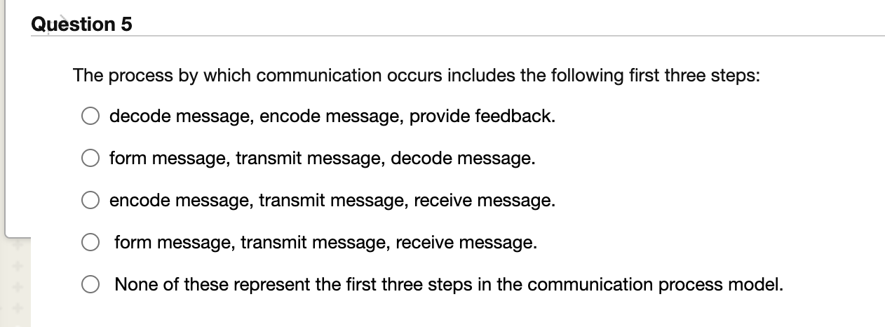 Question 5 The process by which communication