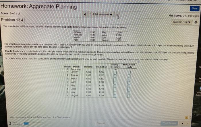 Homework: Aggregate Planning Save Score: 0 of 1