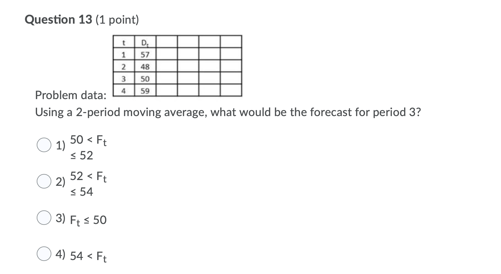 Question 13 (1 point) t D. 57 1 2 48 3 50 4 59