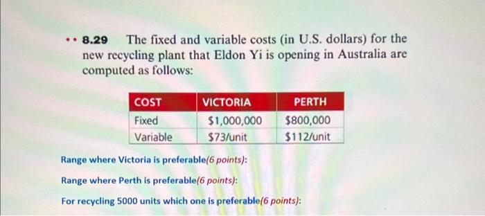 8.29 The fixed and variable costs (in U.S.